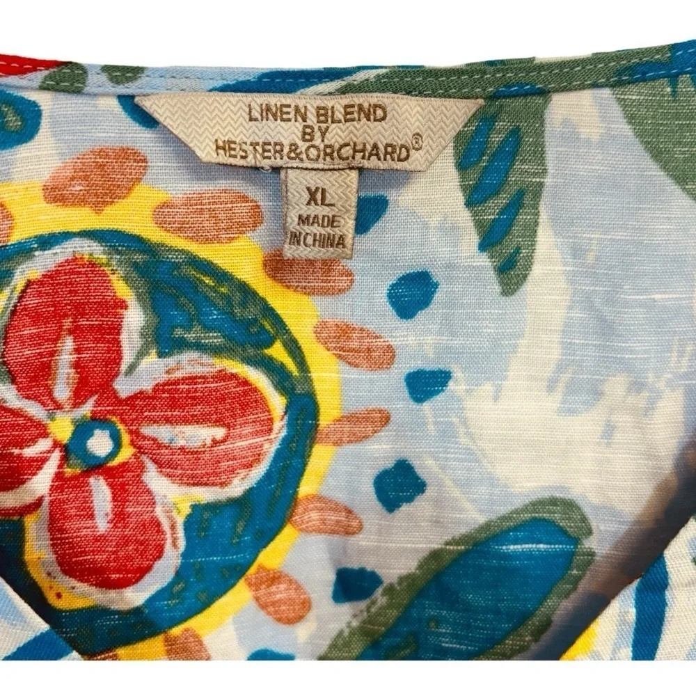 Hester & Orchard Cotton Linen Blend Blue Print 3/4 Sleeve V Neck women’s Size XL - Picture 4 of 10